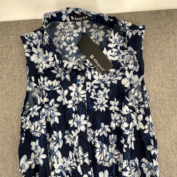 Allegra K Sundress Floral‎ Navy Blue White Dress Medium Rayon Button Down - Picture 3 of 11